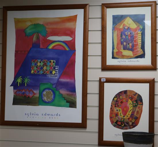 Sylvia Edwards, 3 coloured prints: Royal party. Steps to 2000, signed, and Labrynth medallion, largest 91 x 64cm